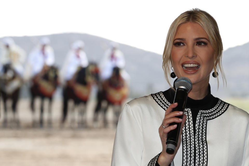 Ivanka Trump, the daughter and senior adviser to President Donald Trump speaks during a ceremony in the province of Sidi Kacem, Morocco, Thursday, Nov. 7, 2019, at an olive grove collective where Trump met with local women farmers who are benefitting from changes allowing them to inherit land. (AP Photo/Jacquelyn Martin)