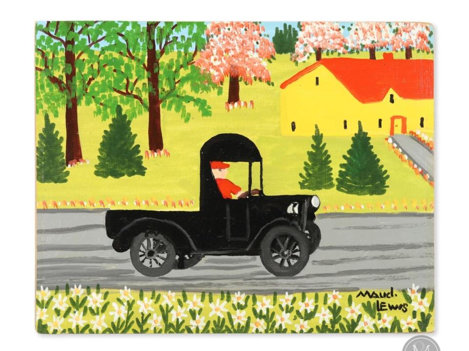 Maud Lewis painted Black Truck as a serial image, meaning there are similar paintings but no two works exactly alike. She gifted this version to Ontario artist John Kinnear in 1967.  (Submitted by Miller & Miller Auctions Ltd.  - image credit)