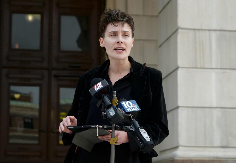 Shana Crandell, a tenant organizer for Reclaim RI, talks about the AG's office suing Pioneer Investments as tenants rallied at the RI State House on Tuesday.