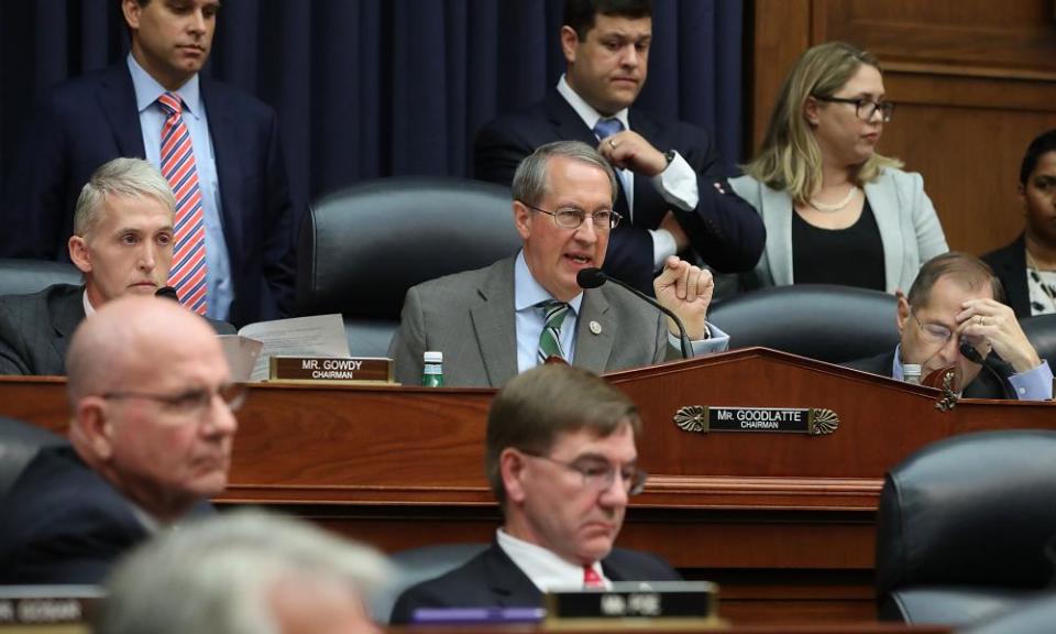 The judiciary committee chairman, Robert Goodlatte, questions the FBI agent Peter Strzok.