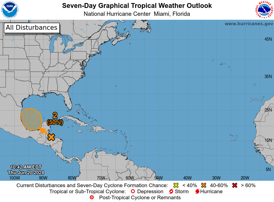 The National Hurricane Center is keeping an eye on a disturbance forming over southeastern Mexico that could possibly form the week of Monday, June 24, 2024.