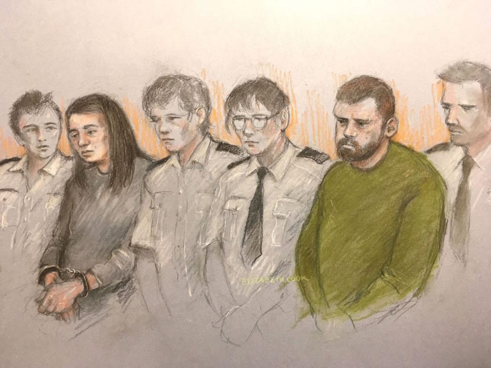 A court artist's sketch of Sarah Barrass, left, and Brandon Machin, right, flanked by security staff in the dock of Sheffield Crown Court in May (Picture: PA)