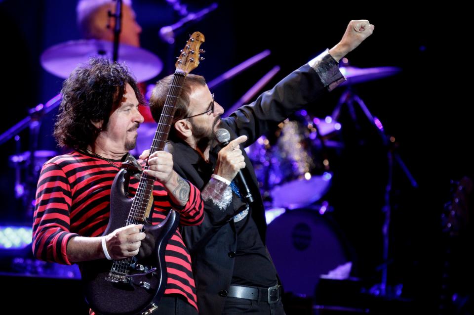 Ringo Starr, right, and Steve Lukather during a 2014 performance of the All Starr Band at Providence Performing Arts Center.