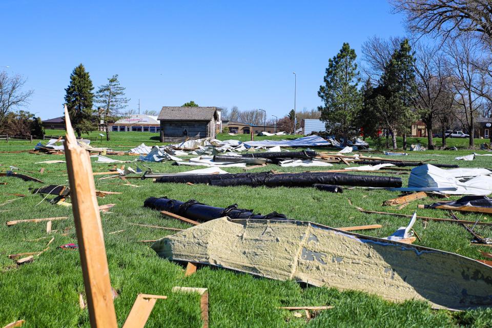 After a storm went through Brookings Thursday night, wood and metal debris litters Pioneer Park on May 13.