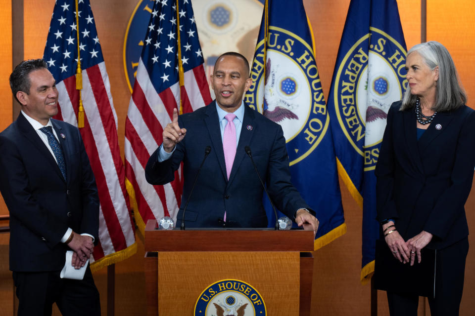 From left, Reps. Pete Aguilar, Hakeem Jeffries and Katherine Clark hold a press conference after being elected to House Democratic leadership on Wednesday, Nov. 30, 2022.  / Credit: Bill Clark/CQ-Roll Call, Inc via Getty Images