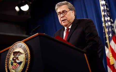 William Barr speaks about the release of a redacted version of special counsel Robert Mueller's report  - Credit: AP