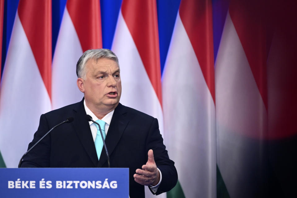 Hungarian Prime Minister Viktor Orban speaks during a yearly State of the Nation address in Budapest, Hungary, Saturday, Feb. 18, 2023. (AP Photo/Denes Erdos)