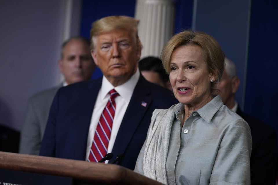 FILE - In this March 20, 2020, file photo President Donald Trump listens as White House coronavirus response coordinator Dr. Deborah Birx speaks during a coronavirus task force briefing at the White House in Washington. Birx has emerged as one of the most important voices in the administration’s response to the coronavirus pandemic, spelling out the implications of the virus in personal terms while attempting to reassure Americans that it is centering its response to the pandemic with a data-driven mindset. (AP Photo/Evan Vucci, File)