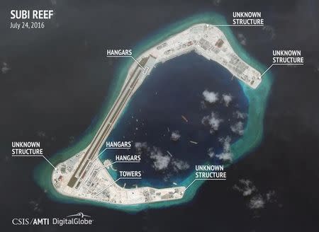 Construction are seen on Subi Reef in the Spratly islands, in the disputed South China Sea in this July 24, 2016 satellite image released by the Asian Maritime Transparency Initiative at Center for Strategic and International Studies (CSIS) to Reuters on August 9, 2016. CSIS Asia Maritime Transparency Initiative/DigitalGlobe/Handout via REUTERS