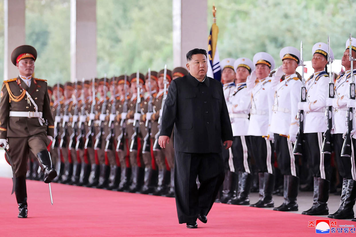 This picture taken on September 10, 2023 and released from North Korea's official Korean Central News Agency (KCNA) on September 12, 2023 shows North Korea's leader Kim Jong Un (C) receiving a send-off as he departs by train from Pyongyang for a visit to Russia. North Korea's leader Kim Jong Un was en route to Russia by armoured train to meet President Vladimir Putin, state media reported on September 12, with the face-to-face discussions potentially focused on weapon sales. (KCNA via KNS/AFP - Getty Images)