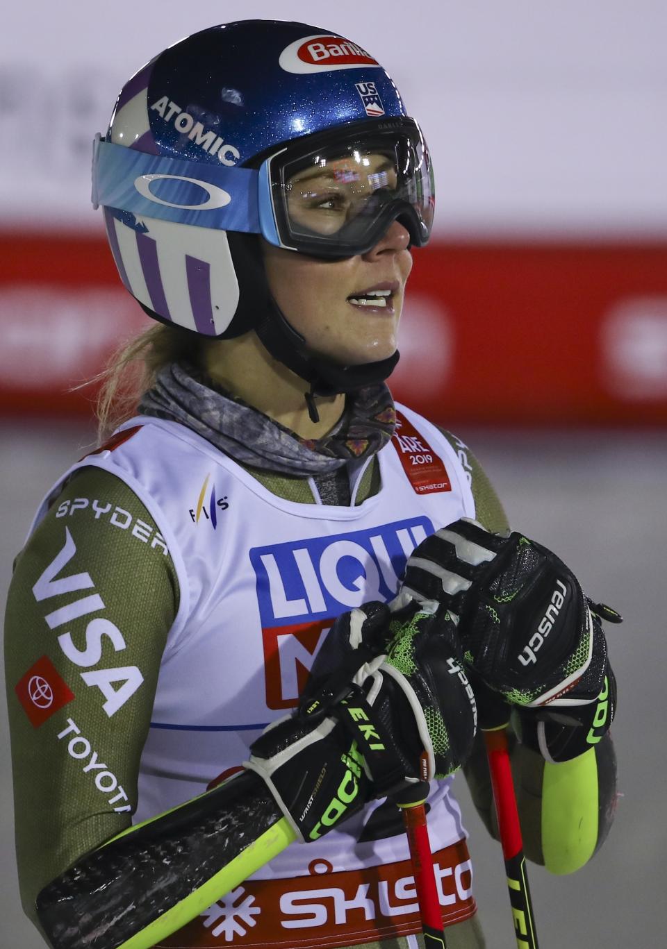 United States' Mikaela Shiffrin gets to the finish area of the women's giant slalom, at the alpine ski World Championships in Are, Sweden, Thursday, Feb. 14, 2019. (AP Photo/Marco Trovati)