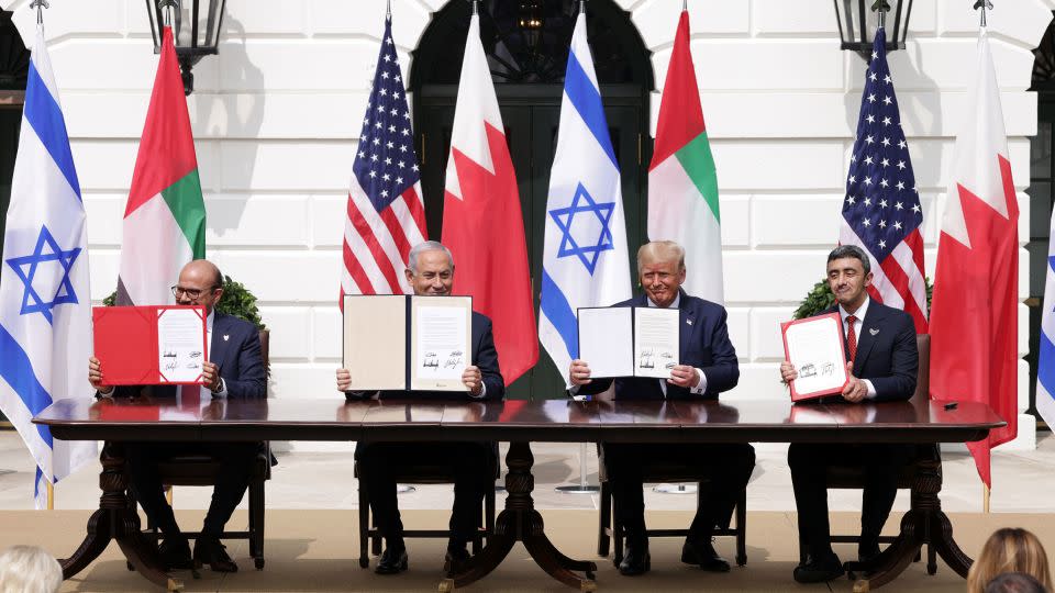 Trump appeared at the White House for the Abraham Accords signing ceremony with Foreign Affairs Minister of Bahrain Abdullatif bin Rashid Al Zayani, Prime Minister of Israel Benjamin Netanyahu, and Foreign Affairs Minister of the United Arab Emirates Abdullah bin Zayed bin Sultan Al Nahyan. - Alex Wong/Getty Images