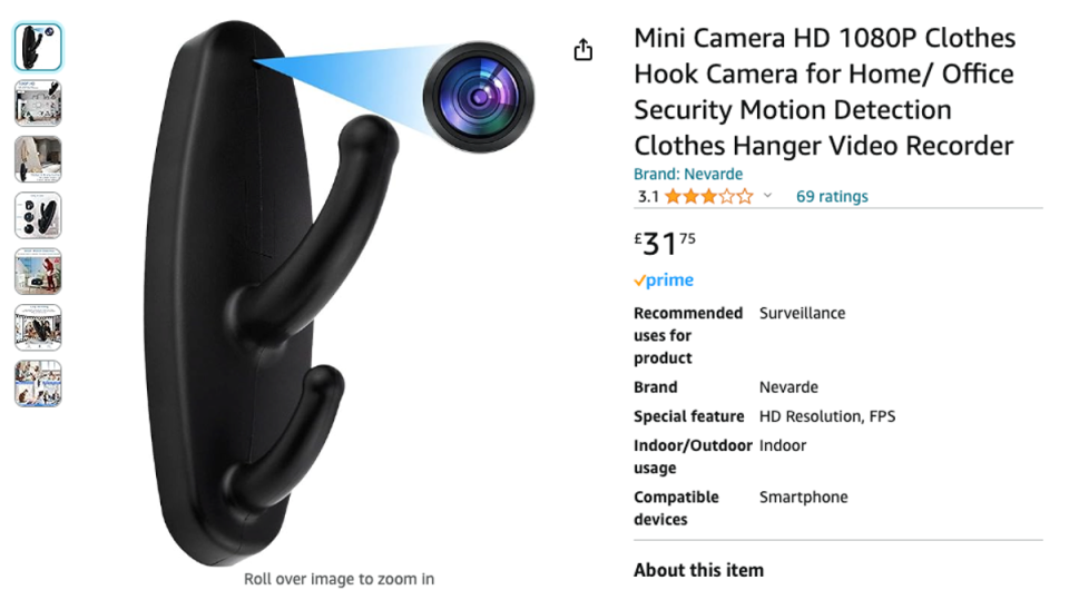 Clothes hook spy cam for sale on Amazon from a company called Nevarde (Nevarde / Amazon)