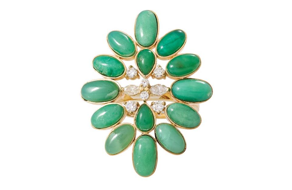 Jacquie Aiche Diamond + Chrysoprase Blossom Ring is crafted in 14-karat yellow gold and highlights marquisecut diamonds at its center; $6,750, at jacquieaiche.com