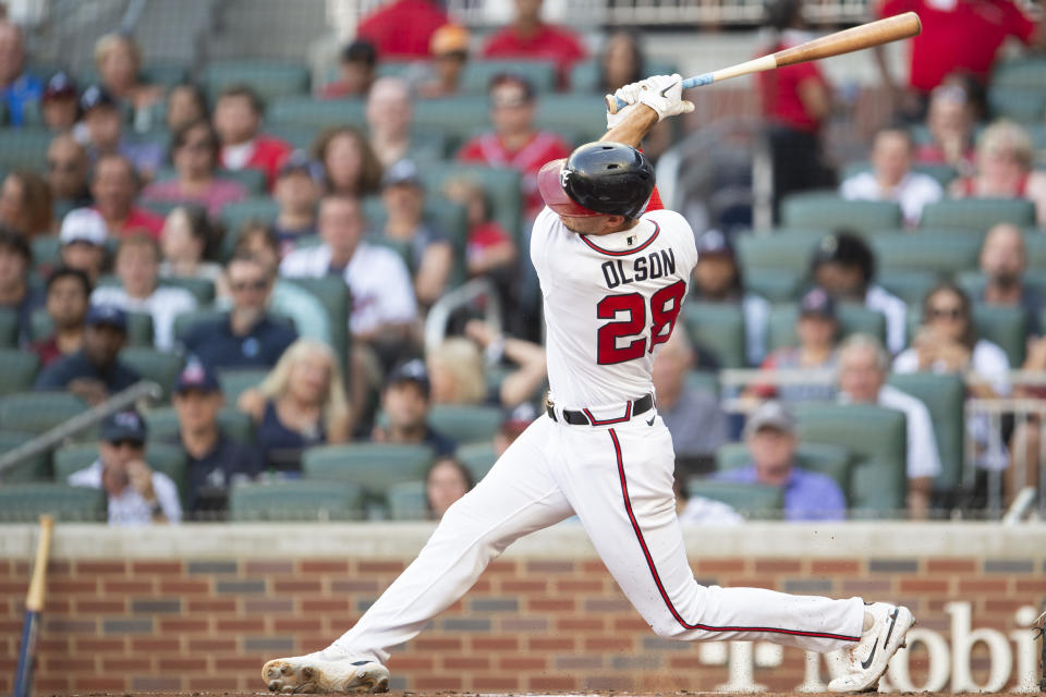 Atlanta Braves Matt Olson swings at a pitch in the first inning of a baseball game against the San Francisco Giants Monday, June 20, 2022, in Atlanta. (AP Photo/Hakim Wright Sr.)