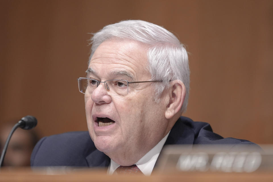 Sen. Bob Menendez, D-N.J., asks a question before the Senate Committee on Banking, Housing, and Urban Affairs, on Capitol Hill Thursday, March 7, 2024, in Washington. (AP Photo/Mariam Zuhaib)