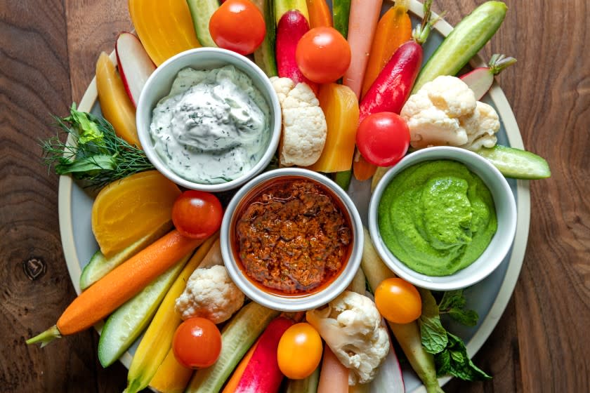 Market crudites with herbed yogurt, chermoula and green tahina.