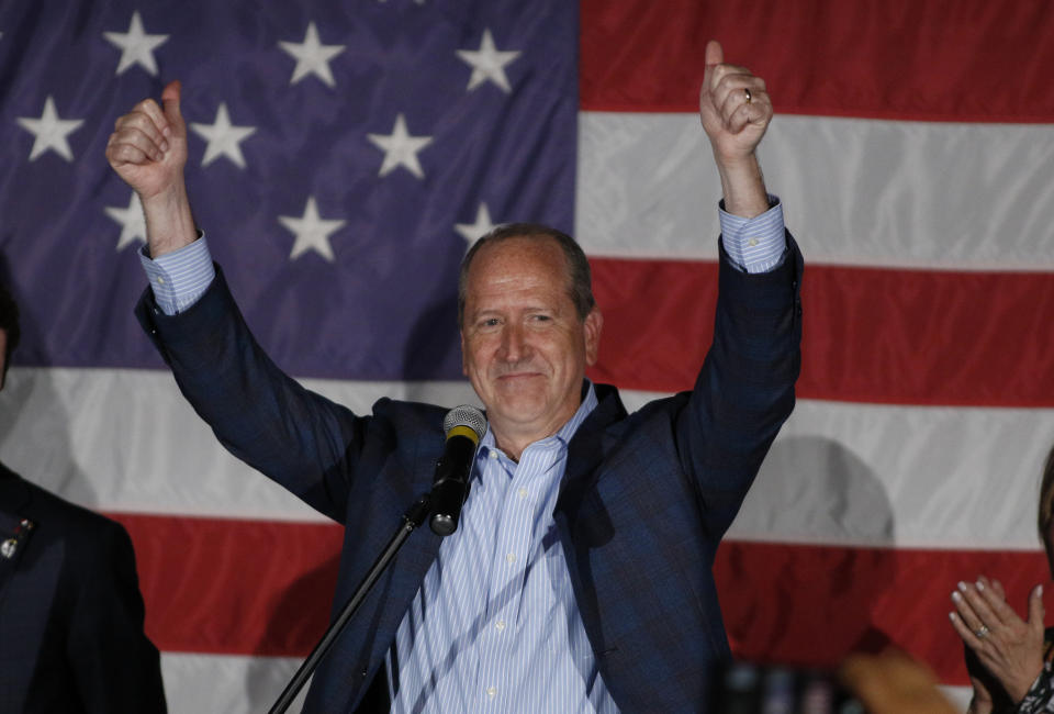 North Carolina 9th district Republican congressional candidate Dan Bishop celebrates his victory in Monroe, N.C., Tuesday, Sept. 10, 2019. (AP Photo/Nell Redmond)