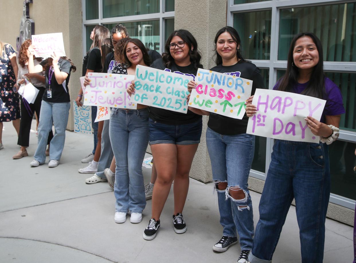 Students welcome their classmates onto campus at Shadow Hills High School during the first day of school in Indio, Calif., August 15, 2023. 