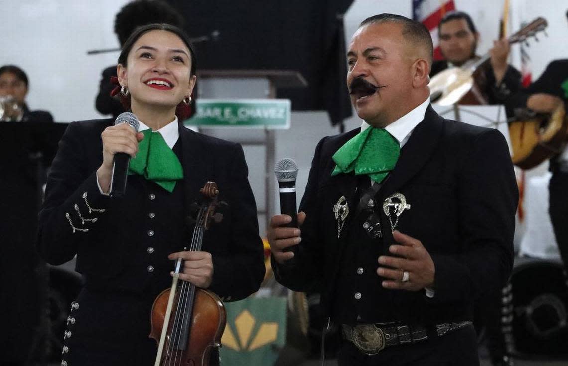Mariachi Juvenil Tenochitlán performs during the celebration of the renaming of Kings Canyon and two other streets in honor of farmworker icon César E. Chávez. The celebration took place at the Fresno fairgrounds on June 10, 2023.