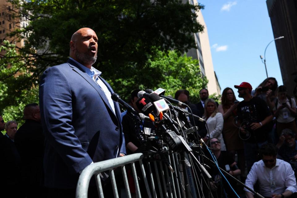 PHOTO: Former U.S. Capitol Police officer Harry Dunn speaks to the press outside of Manhattan Criminal Court as former US President and Republican presidential candidate Donald Trump attends his criminal trial in New York City, May 28, 2024.  (Charly Triballeau/AFP via Getty Images)