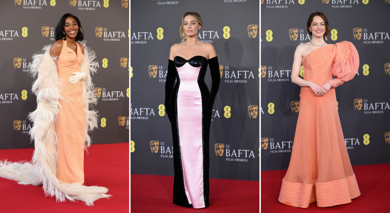 From left to right: Ayo Edebiri, Margot Robbie and Emma Stone attend the 2024 BAFTAs. (Getty Images)