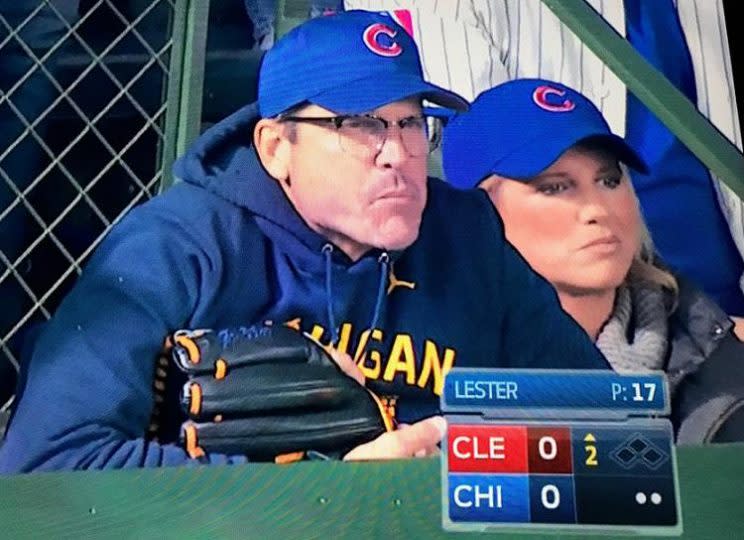 An intense Jim Harbaugh takes in World Series Game 5... with his trusty glove. (FOX Sports)