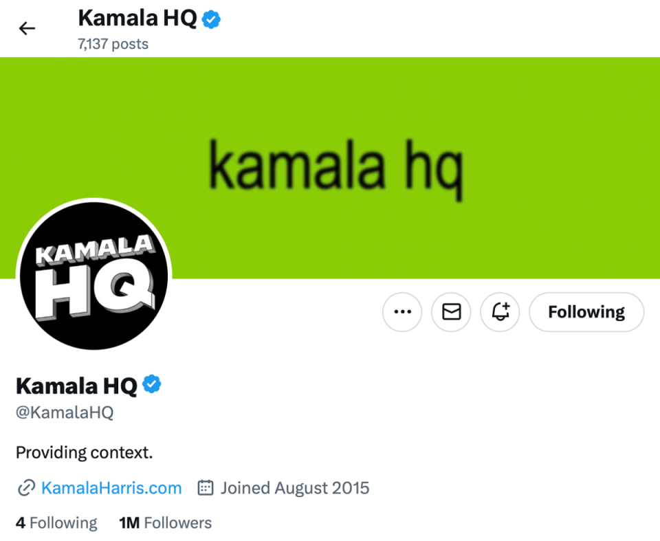 In a nod to Charli XCX’s endorsement, the Harris campaign’s profile header on X changed to read “kamala hq” with a Brat-green background. (Harris for President)