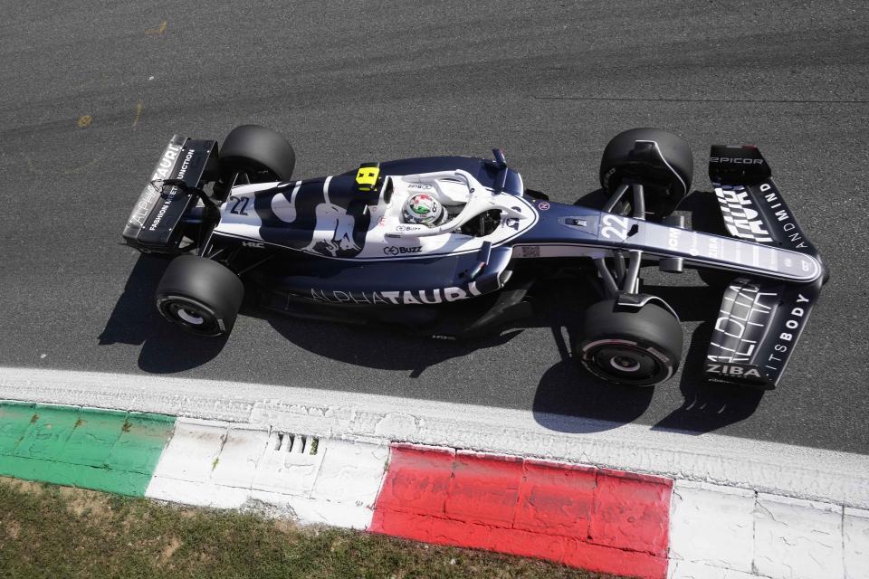 AlphaTauri driver Yuki Tsunoda of Japan steers his car during the third free practice at the Monza racetrack, in Monza, Italy, Saturday, Sept. 10, 2022. The Formula one race will be held on Sunday. (AP Photo/Antonio Calanni)