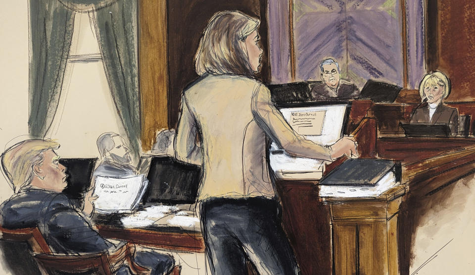 In this courtroom sketch, former President Donald Trump's lead defense attorney Alina Habba, center, cross examines E Jean Carroll, right, on the witness stand, in Federal Court in New York, Wednesday, Jan. 17, 2024. Donald Trump is seated at left, as Judge Lewis Kaplan presides. (Elizabeth Williams via AP)