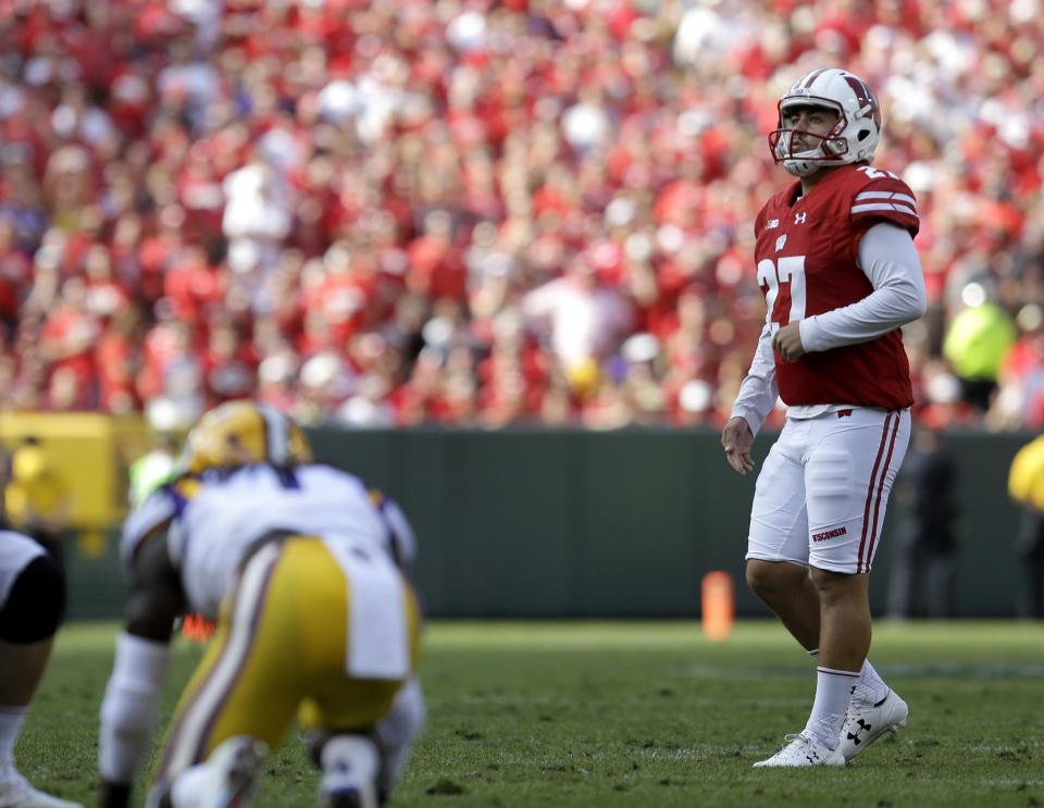 Wisconsin's Rafael Gaglianone hit three field goals to help the Badgers beat LSU. (AP Photo/Aaron Gash)