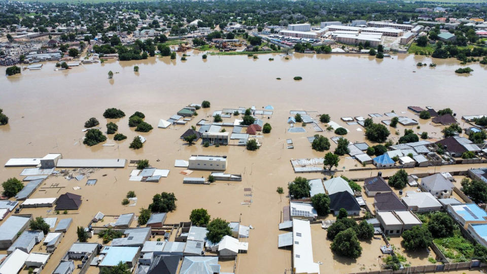 Houses are partially submerged following a dam collapse in Maiduguri, Nigeria, Tuesday, Sept 10, 2024. (AP Photos/ Musa Ajit Borno)