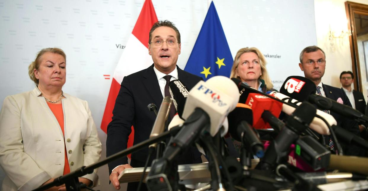 (L-R) Beate Hartinger-Klein, Austrian Federal Minister for Labour, Social Affairs, Health and Consumer Protection, Austria's Vice-Chancellor and chairman of the Freedom Party FPOe Heinz-Christian Strache, Austrian Foreign Minister Karin Kneissl and Austrian transport minister Norbert Hofer give a joint press conference in Vienna on May 18, 2019 after the publication of the "Ibiza - Video" regarding Strache. - Austria's Vice-Chancellor and chairman of the Freedom Party FPOe Heinz-Christian Strache resigns over video scandal. (Photo by HELMUT FOHRINGER / APA / AFP) / Austria OUT        (Photo credit should read HELMUT FOHRINGER/AFP/Getty Images)