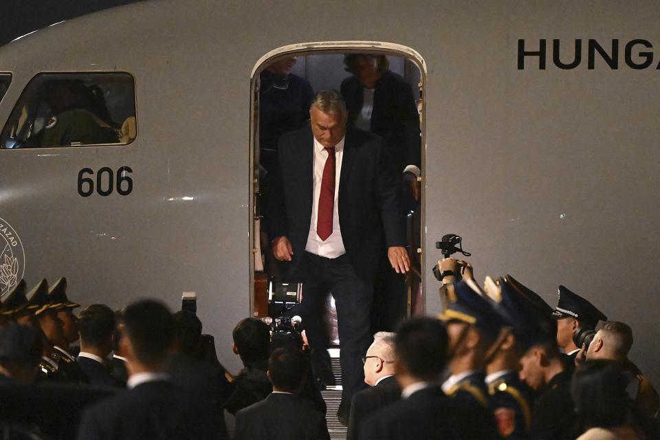 Hungarian Prime Minister Viktor Orban arrives at Beijing's airport ahead of the Belt and Road Forum in the Chinese capital on Sunday, Oct. 15, 2023. (Jade Gao/Pool Photo via AP)