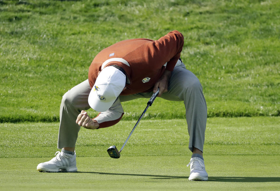 Europe's Sergio Garcia celebrates after holing a putt on the 17th green during a fourball match on the second day of the 42nd Ryder Cup at Le Golf National in Saint-Quentin-en-Yvelines, outside Paris, France, Saturday, Sept. 29, 2018. Garcia and Rory McIlroy beat Brooks Koepka of the US and Tony Finau of the US 2 and 1. (AP Photo/Matt Dunham)