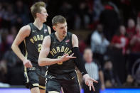 Purdue guard Braden Smith reacts after shooting a 3-point basket in the second half of an NCAA college basketball game against Rutgers, Sunday, Jan. 28, 2024, in Piscataway, N.J. (AP Photo/Mary Altaffer)