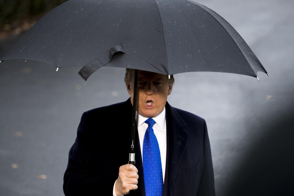 President Donald Trump speaks to members of the media before boarding Marine One on the south Lawn of the White House in Washington, Monday, Dec. 2, 2019, for a short trip to Andrews Air Force Base, Md., and then on to London. (AP Photo/Andrew Harnik)