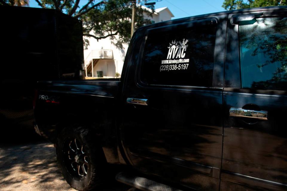 An Airlogy of Mississippi truck is parked outside a new construction home in Biloxi on Thursday, Aug. 17, 2023.