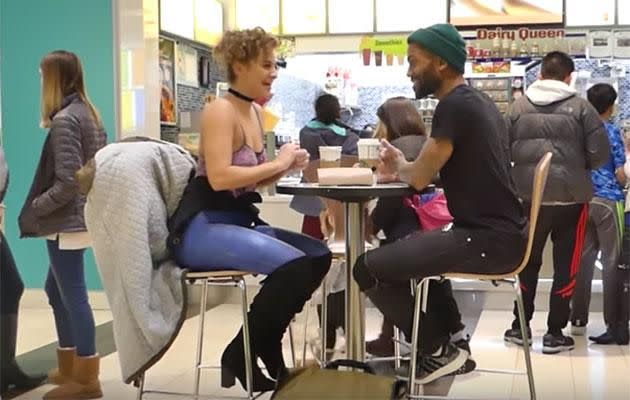 He got a little suspicious while they shared a coffee. Photo: YouTube/Jen The Body Painter