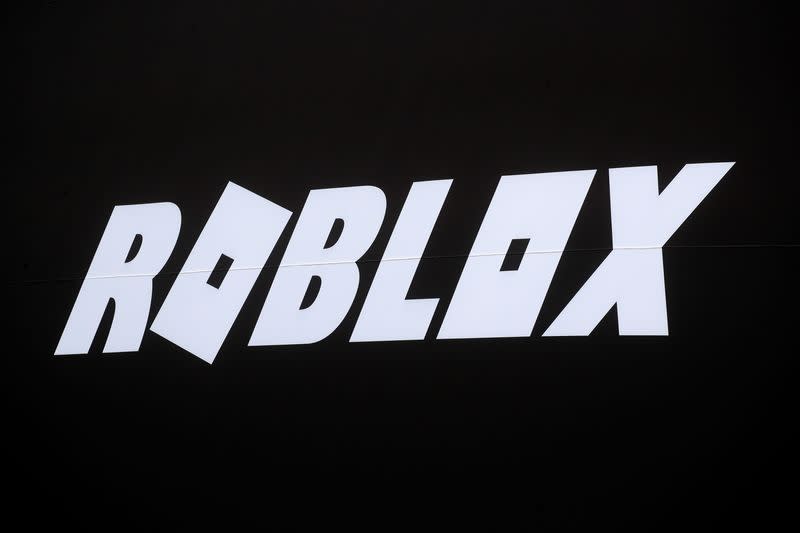 The Roblox logo is displayed on a banner, to celebrate the company's IPO at the NYSE is seen in New York