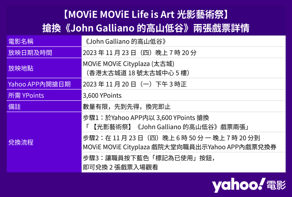 【MOViE MOViE Life is Art 光影藝術祭】 搶換《John Galliano 的高山低谷》兩張戲票詳情