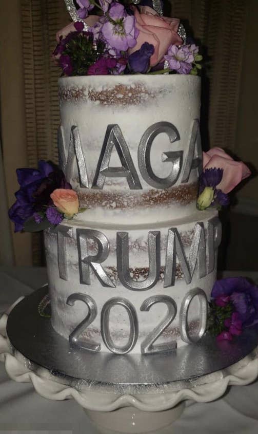 A giant wedding cake that says "MAGA Trump 2020"