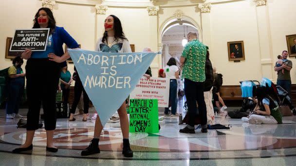 PHOTO: Anti-abortion protesters stand on the Texas State Capitol Rotunda to protest an International Women's Day Sit-In for Abortion Rights, on March 8, 2023, in Austin, Texas. (Sara Diggins/American-Statesman via USA Today Network)