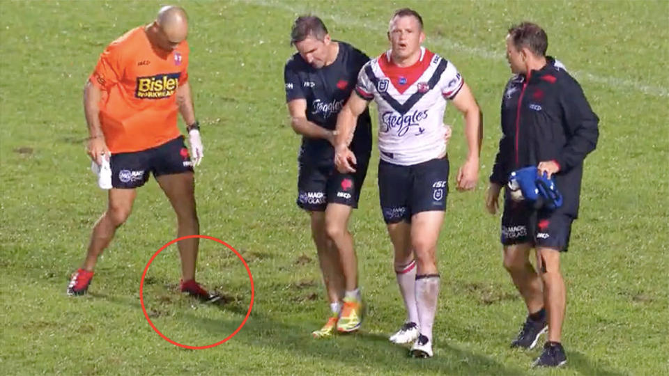 Brett Morris injured his knee when the turf went out underneath his knee. Pic: Fox Sports