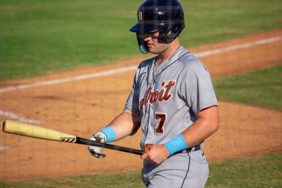 Detroit Tigers infielder Jace Jung prepares for a plate appearance with the Salt River Rafters in the Arizona Fall League on November 1, 2023 in Peoria, Arizona.