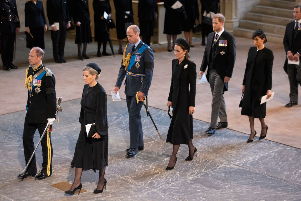 The Royal Family wore all black as they followed the coffin bearing the body of the Queen completes its Journey from Buckingham Palace to Westminster Hall. (Getty Images)