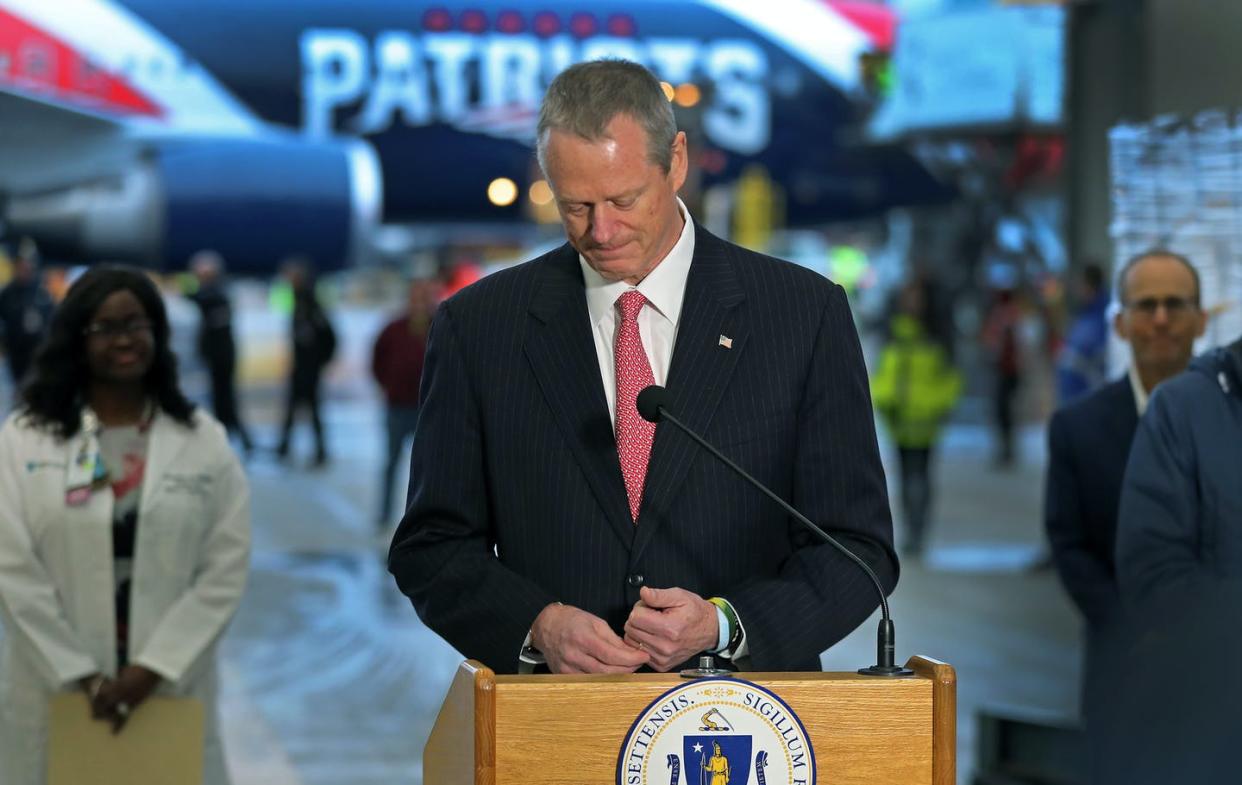 <span class="caption">Massachusetts Gov. Charlie Baker is near tears as he thanked the Kraft family for flying desperately needed protective masks from China to Boston in a New England Patriots jet, April 1, 2020.</span> <span class="attribution"><a class="link " href="https://www.gettyimages.com/detail/news-photo/massachusetts-governor-charles-baker-gives-an-emotional-news-photo/1209081402?adppopup=true" rel="nofollow noopener" target="_blank" data-ylk="slk:Getty/Jim Davis/The Boston Globe;elm:context_link;itc:0;sec:content-canvas">Getty/Jim Davis/The Boston Globe</a></span>