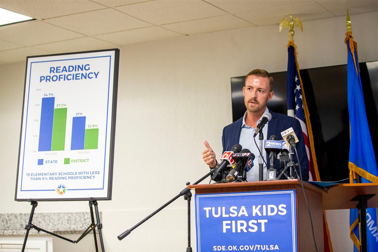 State schools Superintendent Ryan Walters speaks about reading proficiency in Tulsa public schools during an Aug. 7 news conference about Tulsa Public Schools' accreditation at the Tulsa County Republican Party HQ.