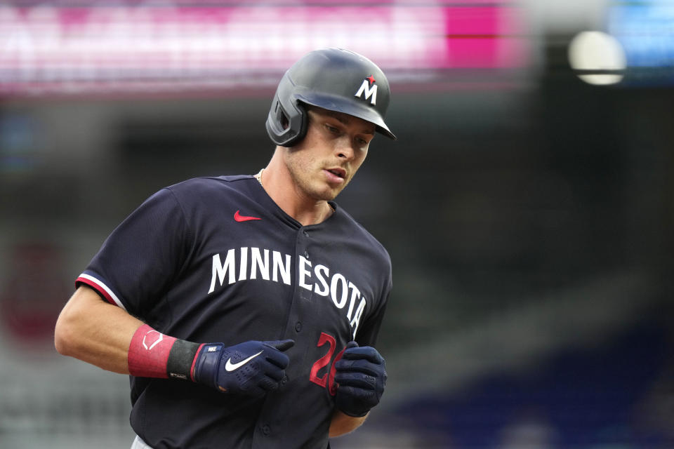 Minnesota Twins' Max Kepler runs the bases after hitting a solo home run during the first inning of a baseball game against the Miami Marlins, Monday, April 3, 2023, in Miami. (AP Photo/Lynne Sladky)