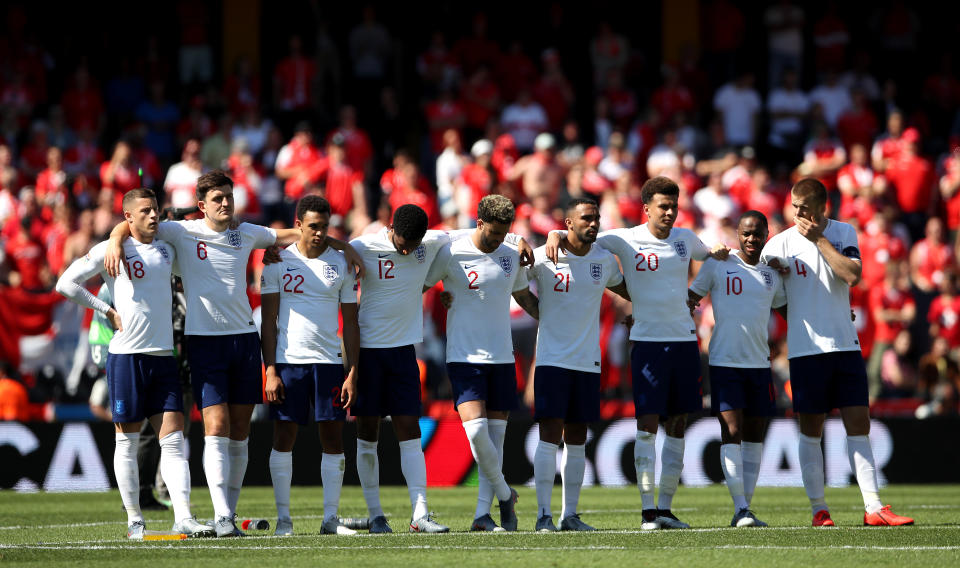 England players line up ahead of penalties during the Nations League Third Place Play-Off at Estadio D. Alfonso Henriques, Guimaraes.